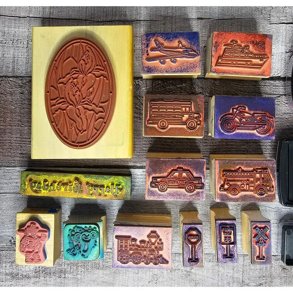 18 Piece Lot Stamp Set Stained Glass Rail Road Vehicle Ink Craft DIY GIFT